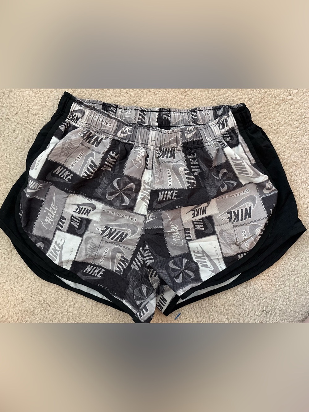 Nike Women's Black and Gray Logo-Print Running Shorts